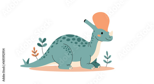 Adorable cartoon dinosaur standing among lush greenery in a prehistoric world