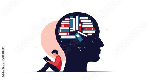 Illustrating the power of knowledge and learning stored within the human mind inspiring intellectual growth and development