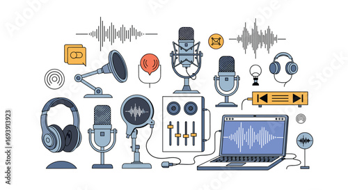 Audio recording studio equipment and sound waveforms for podcast creation and broadcasting