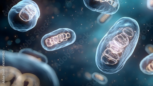 Microscopic dreamlike view inside a cell, with mitochondria as tiny glowing power plants recharging at night.
