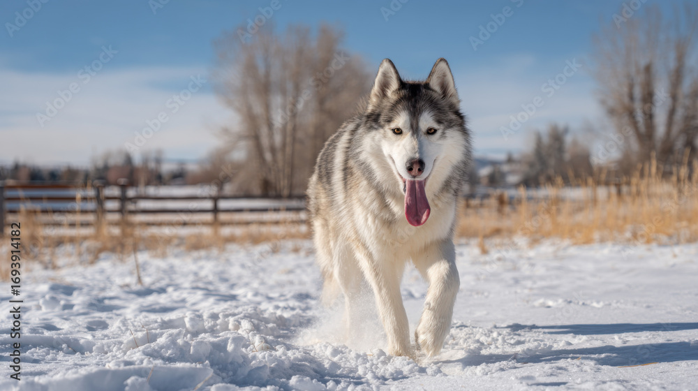 Naklejka premium Happy husky dog running in the snow. A beautiful husky dog runs toward the camera through a snowy field with its tongue out on a bright, sunny day.