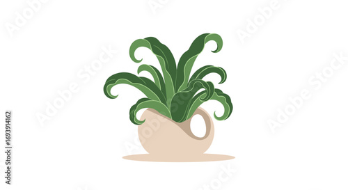 Stylized green potted plant in a smooth rounded beige pot on a white background simple vector illustration