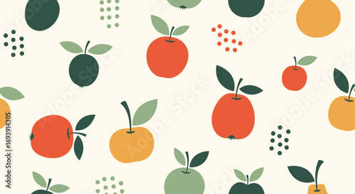 Charming collection of fresh apples and pears with whimsical botanical accents