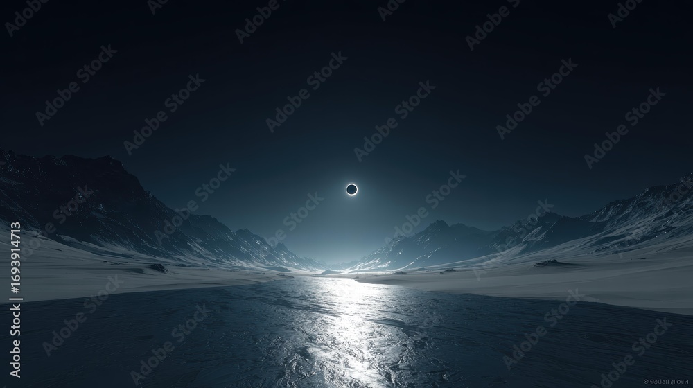 Fototapeta premium Solar Eclipse Dark Sun Casting Light Snowy Mountain Valley Reflective Water Dark Sky