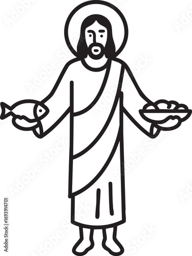 Illustration of Jesus with five loaves and two fish, symbol of the miracle of feeding the five thousand