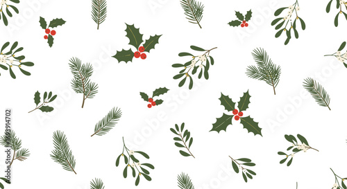 Festive winter botanical collection with holly mistletoe and pine branches ideal for holiday season decorations and craft projects