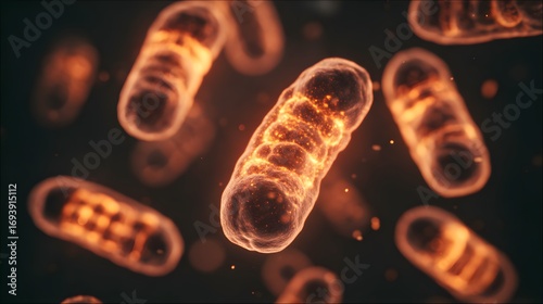 Microscopic dreamlike view inside a cell, with mitochondria as tiny glowing power plants recharging at night.