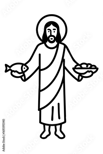 Illustration of Jesus with five loaves and two fish, symbol of the miracle of feeding the five thousand