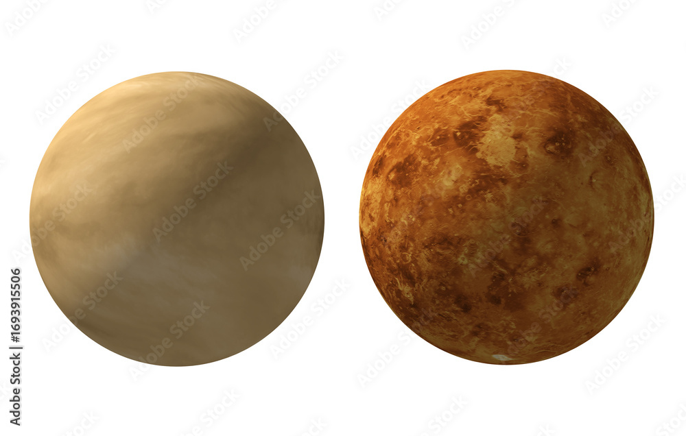 Fototapeta premium planet venus atmosphere versus planet venus surface 3d rendering illustration isolated on transparent background