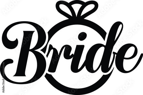 A black and white graphic design featuring the word 'Bride' in a script font, set within a stylized wedding ring with a diamond.