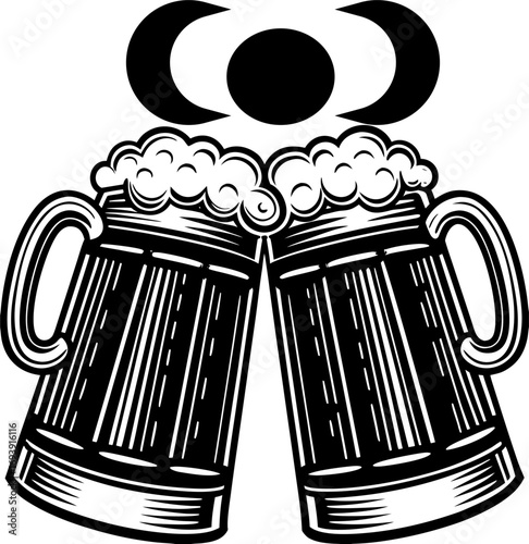 Cheers to the Brew: A graphic illustration of two beer mugs clinking, topped with frothy foam and a moon graphic, symbolizing the joy of sharing a toast, and the pleasure of a refreshing drink.