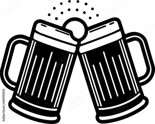 Cheers: Cheers of two beer mugs clinking together in a convivial toast. A simple, bold illustration emphasizing friendship, celebration and good times. 