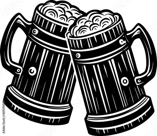 Cheers to the Brew: Two classic beer mugs, brimming with frothy ale, clink together in a joyous toast, a timeless symbol of camaraderie and celebration.