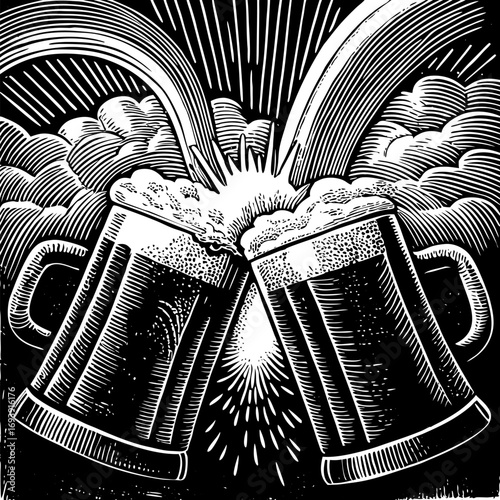 Cheers to the Occasion:  A striking illustration captures a celebratory moment, two frothy beer mugs clinking together, the dark background adding depth and drama to this toast to friendship.