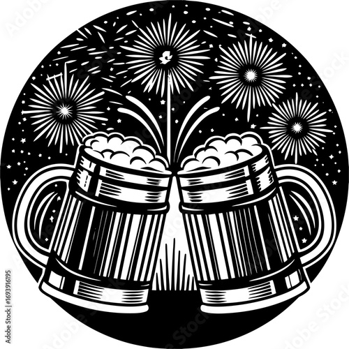 Cheers to Celebration: Two beer mugs clink in a festive toast, their frothy contents illuminated by the radiant bursts of fireworks, celebrating joy and convivial moments.