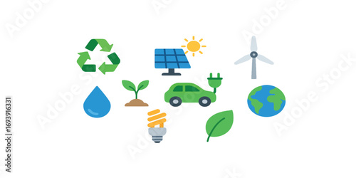  Eco & Sustainability Vector Icon Pack – Recycling, Solar, Wind, Electric Car, Plant, Water, Energy Saving Bulb, and Green Leaf Flat Illustration