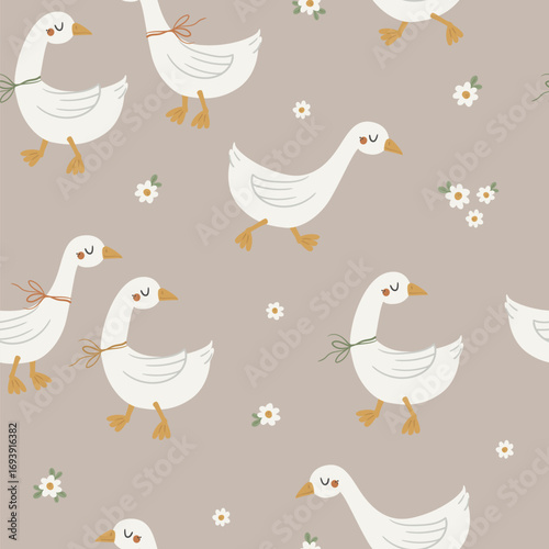 Vector seamless pattern with cute geese family on a beige background. Seamless for wrapping paper, greeting cards and other. Can be used for wallpaper, textile, packaging.