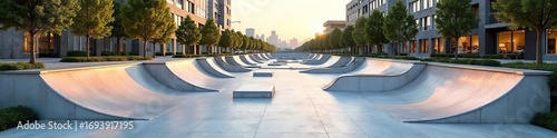 Futuristic Skate Park Seamless Urban Design with Curving Ramps and Polished Concrete, Dynamic Modern Aesthetic, Light and Shadow