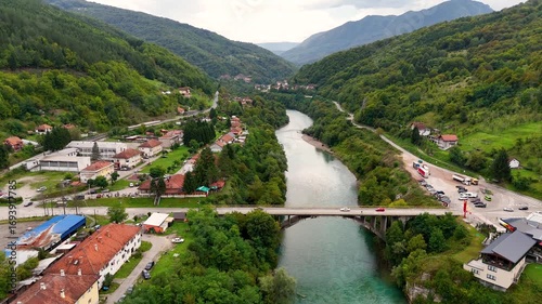 flying over the Drina river bridge in Višegrad Brod in Bosnia and Herzegovina 