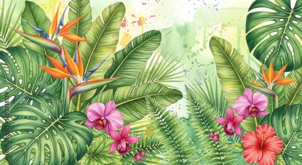Naklejka premium Lush watercolor illustration showcasing vibrant tropical flowers, foliage, and a colorful, splattered background in a serene, idyllic setting