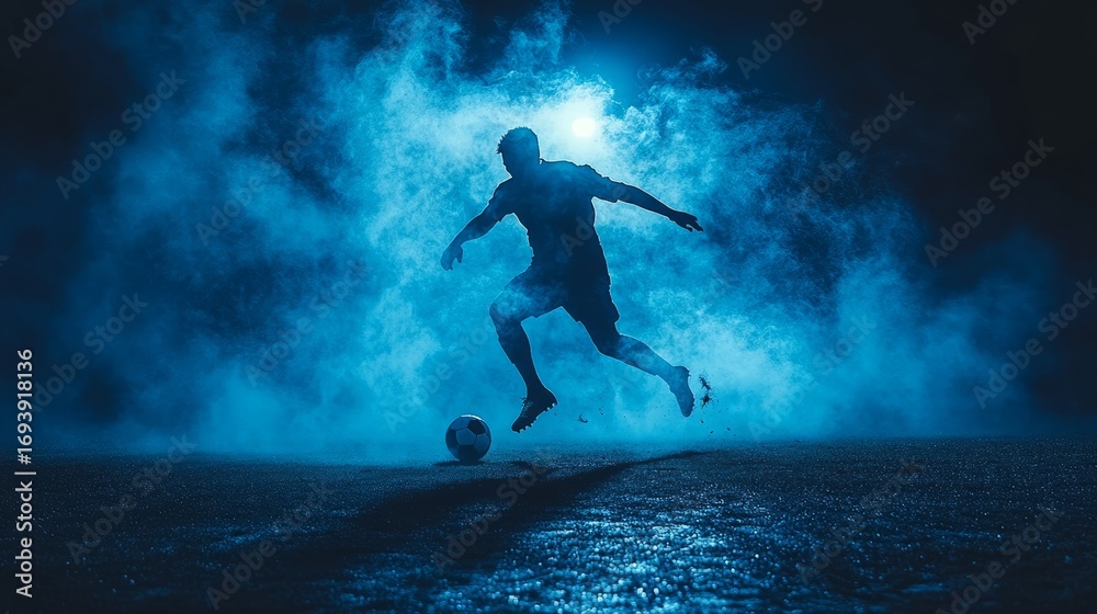 Naklejka premium A skilled soccer player deftly maneuvers a ball through blue fog during an intense night practice