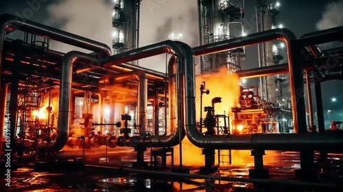 Industrial Facility at Night with Steam and Orange Lighting