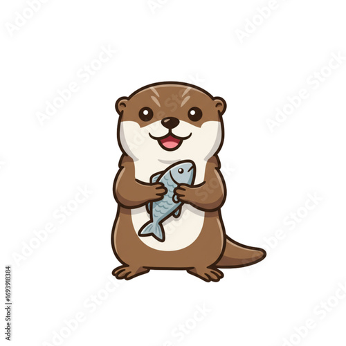 An adorable cartoon otter mascot logo sitting happily holding a fish with soft rounded proportions and bright vibrant tones