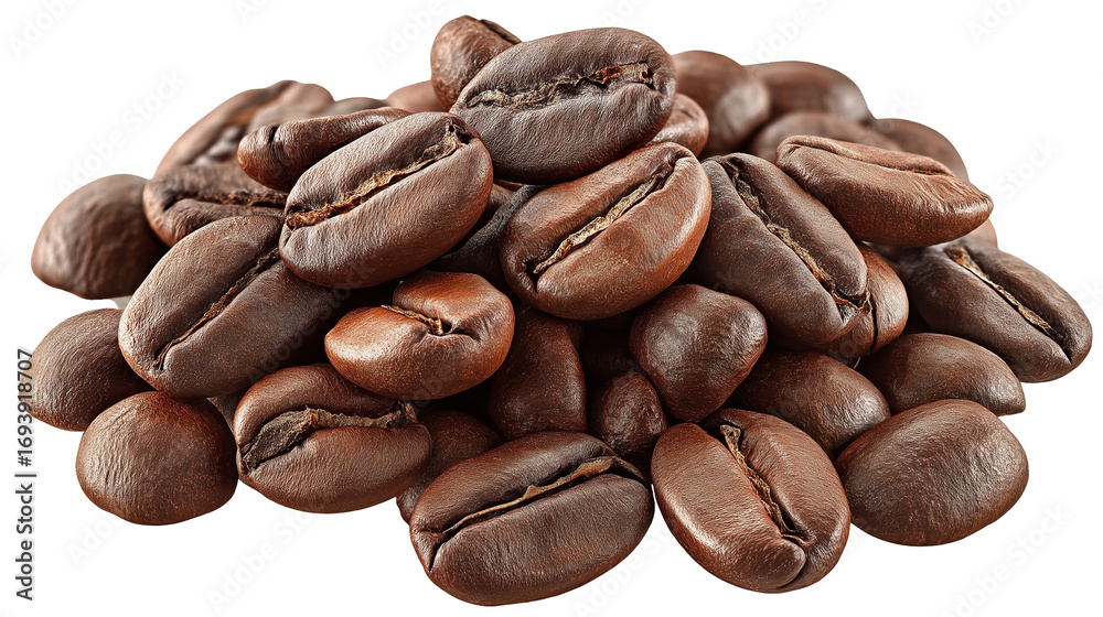 Obraz premium A close-up shot showcasing a pile of roasted coffee beans. The beans are dark brown, suggesting a rich and aromatic flavor profile. Pile of roasted coffee beans on transparent background