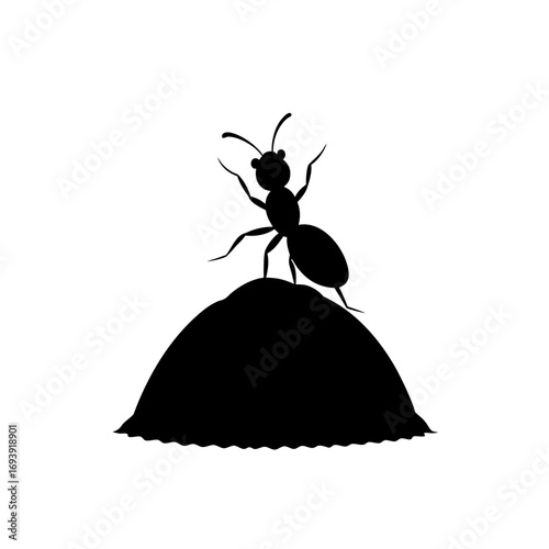 Ant silhouette on top of hill on transparent background