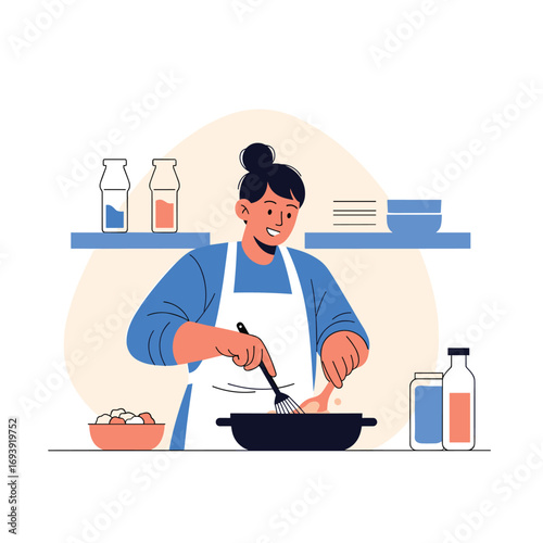 A woman wearing an apron happily cooking delicious food in her kitchen