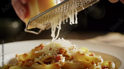 Pasta dish with tomato sauce gets grated cheese in dark kitchen setting, close up