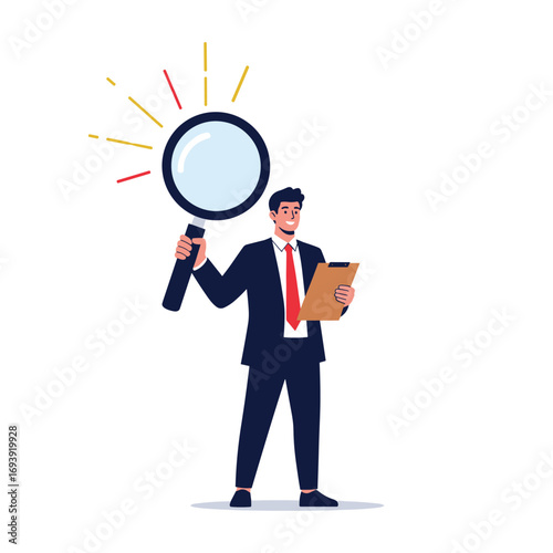 A business professional holding a magnifying glass over a document on a clipboard illustrating thorough analysis