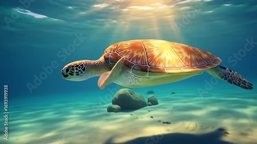 Sea turtle swimming in ocean with sun rays filtering through the water column