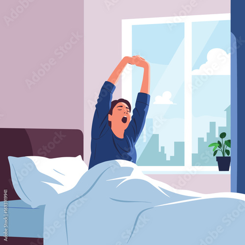 A person stretching and yawning while waking up in a cozy bed on a bright sunny morning