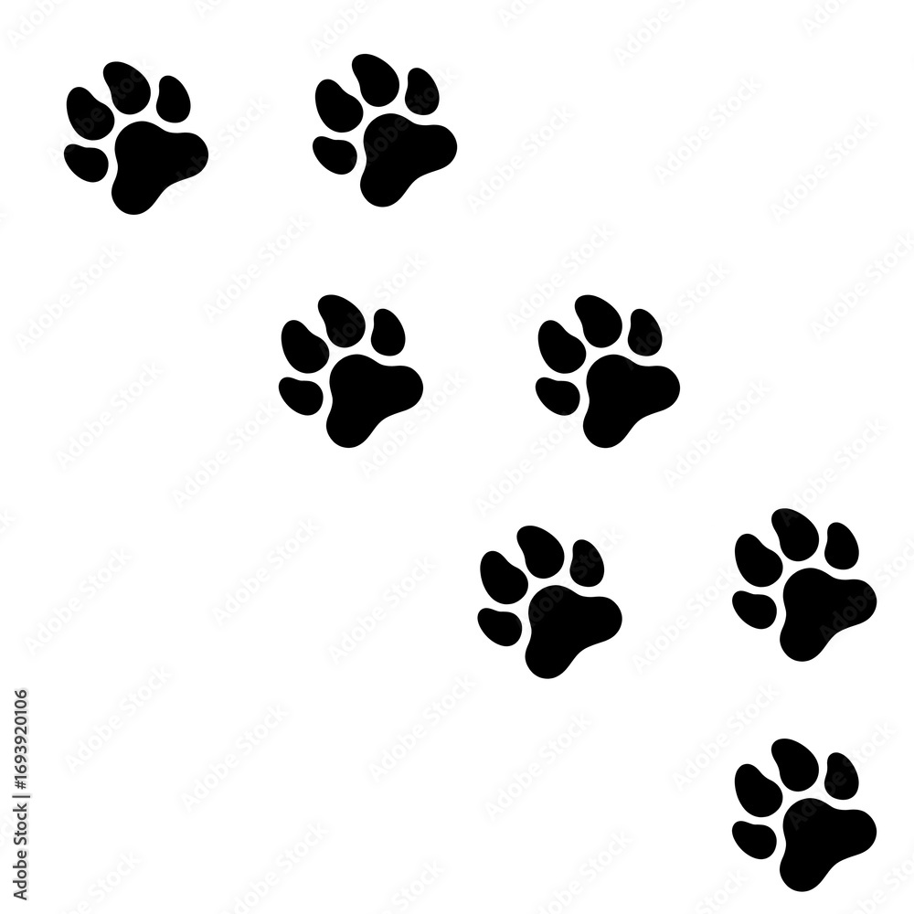 Fototapeta premium Black paw print pattern PNG, transparent background, pet footprints icons, dog cat animal silhouette marks, clipart design, stickers, decals, branding, packaging, craft