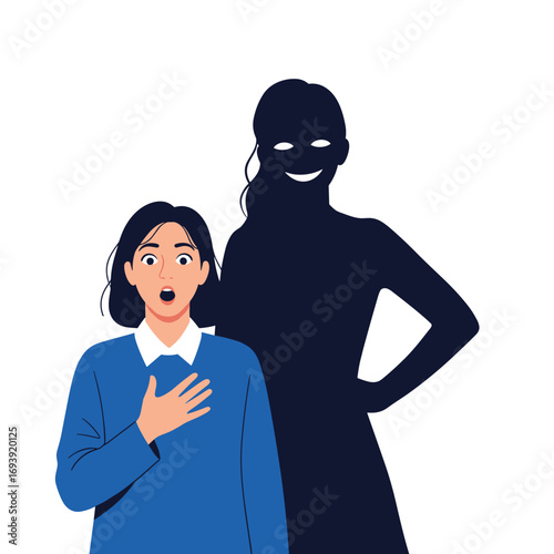 Shocked woman reacts to her own shadowy dark figure with menacing grin