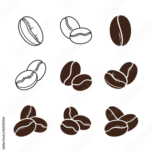 Collection of illustrations featuring coffee beans in various arrangements and styles showing close up details