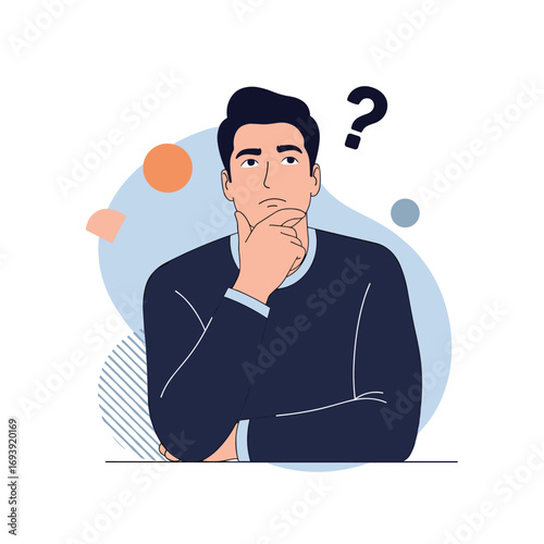 Man thinking deeply with a question mark above his head illustrating confusion or a dilemma