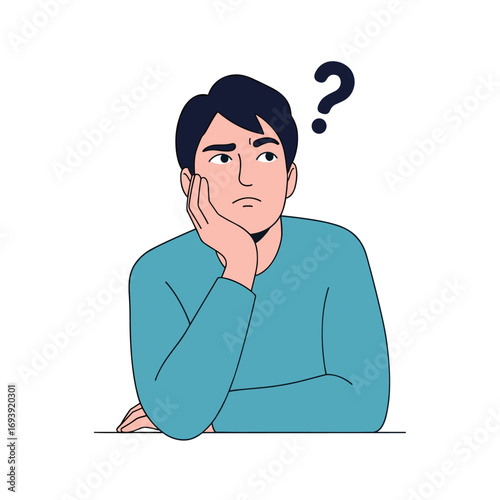 A young man with dark hair wearing a blue sweatshirt looks thoughtful with his hand resting on his chin a question mark floats above his head