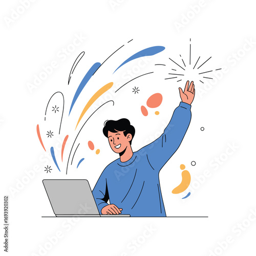Young man expressing joyful celebration while working on his laptop with exploding colorful shapes