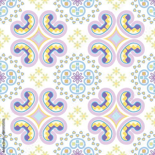 A seamless abstract pattern with flowers and some words for describing the image