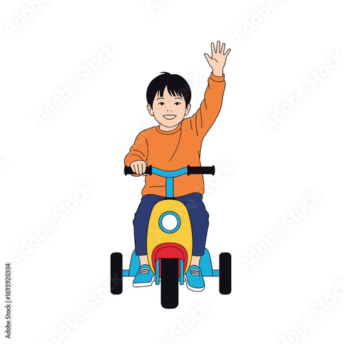 Joyful asian boy happily riding a colorful tricycle outdoors enjoying the day
