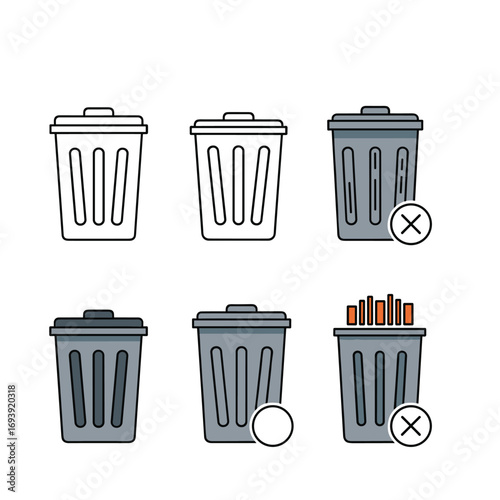 Collection of six trash can icons representing different deletion states and options