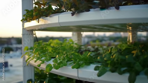 Elevated garden tiers with leafy greens against a soft, golden sky in an urban setting
