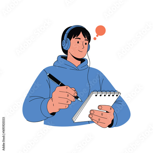 Creative young person wearing headphones engaged in writing and learning activities