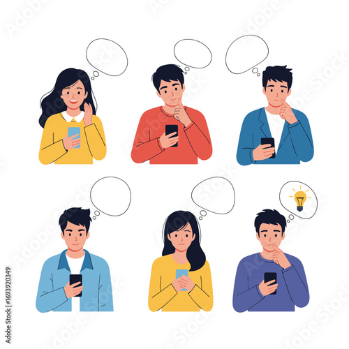 People looking confused at their phones with thinking bubbles above their heads showing a lightbulb of an idea