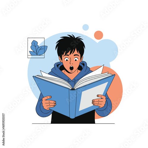 A young boy with astonishment opens his eyes wide while reading an incredible book full of wonder