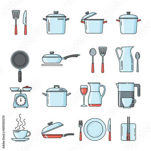 Collection of kitchen utensils pots pans cookware appliances and serving dishes