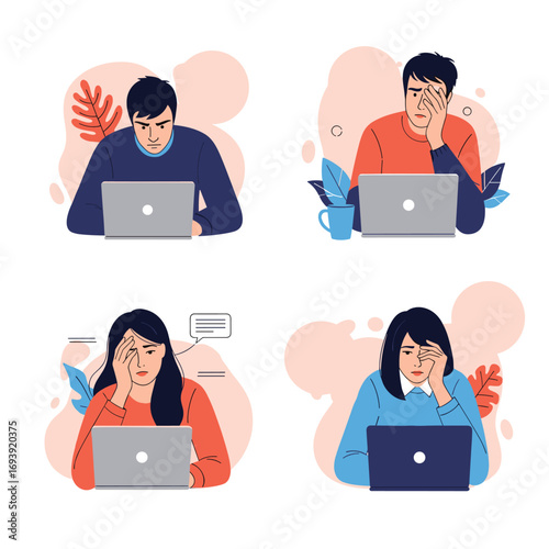 Illustration of people looking stressed while working on their laptops showing signs of burnout and fatigue