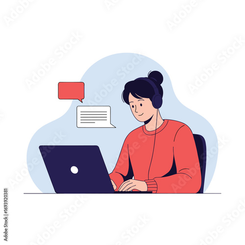 Young woman wearing headphones working on a laptop with chat bubbles indicating communication online